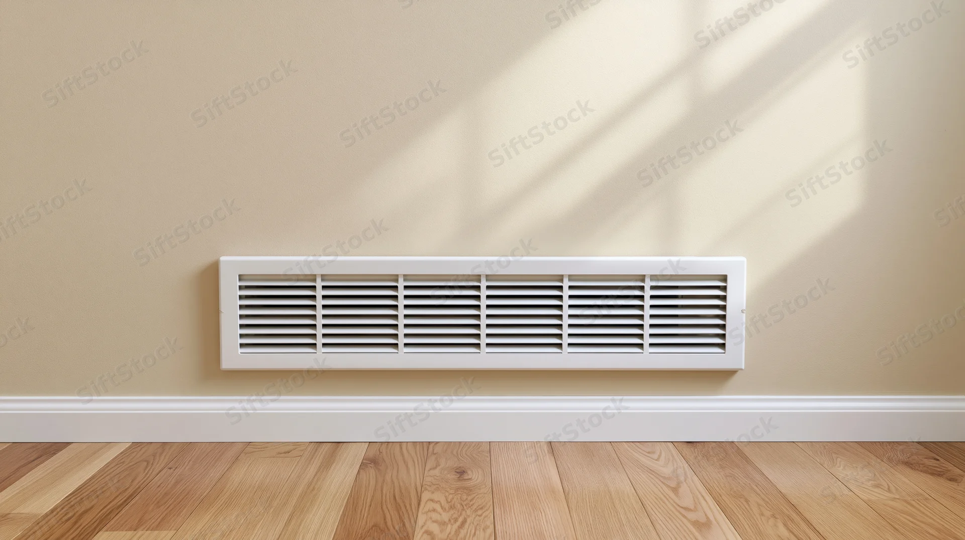 White hvac floor vent with horizontal louvers mounted on beige wall above wooden flooring