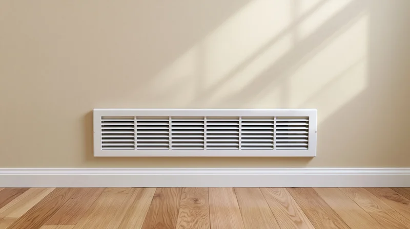 White hvac floor vent with horizontal louvers mounted on beige wall above wooden flooring