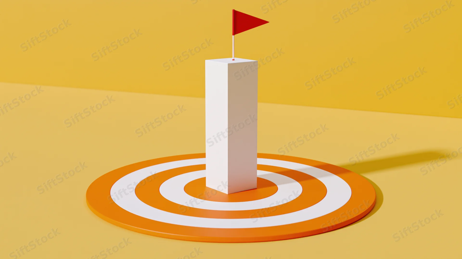 White pillar with red flag at center of orange and white target on yellow background