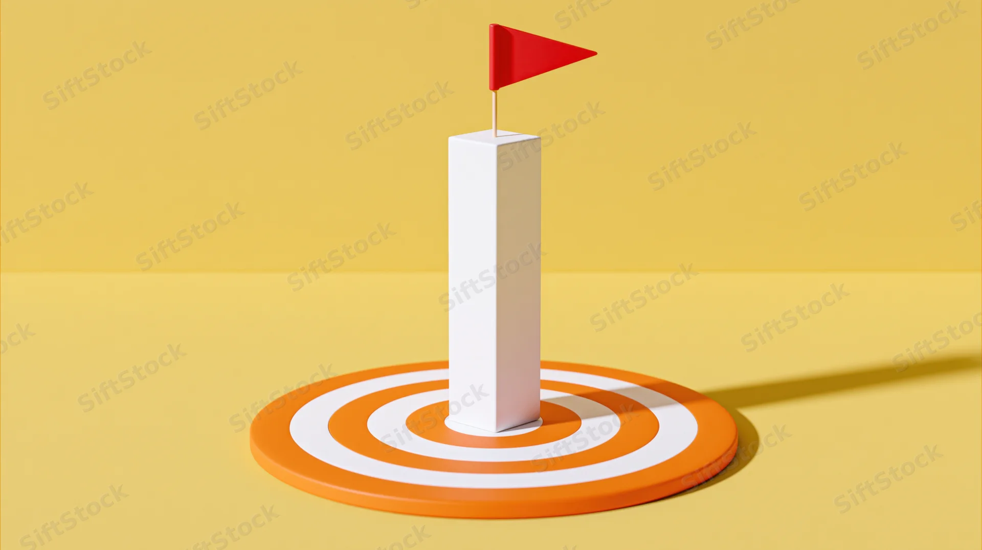 White pillar with red flag at center of orange and white target on yellow background