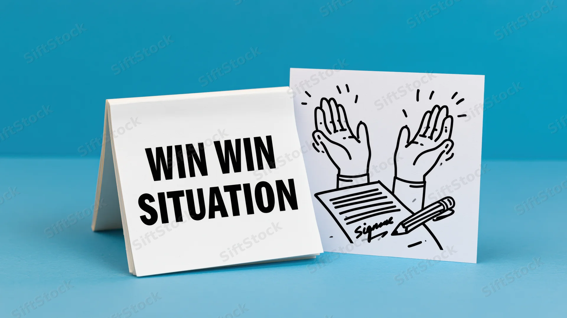 Two cards on blue surface one with win win situation text and other with hands signing document illustration