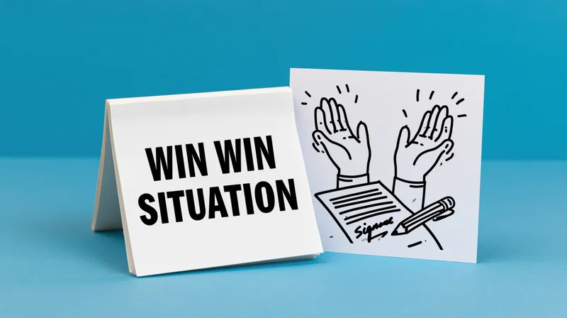 Two cards on blue surface one with win win situation text and other with hands signing document illustration