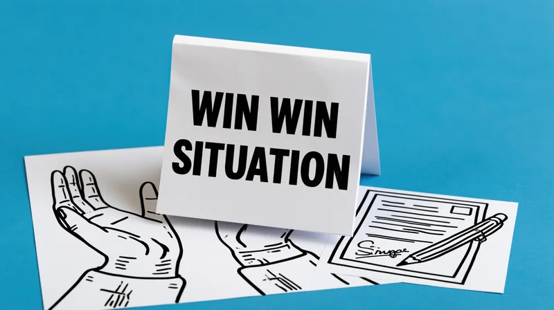 White card with win win situation text over illustrated handshake and contract on blue surface