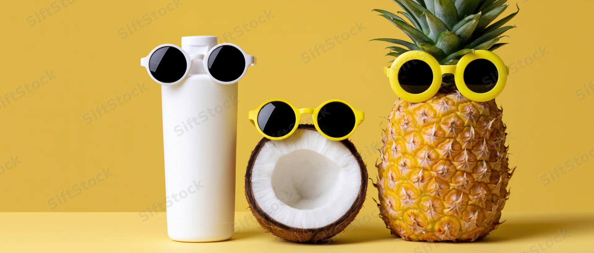 Pineapple, coconut, and sunscreen bottle wearing sunglasses arranged on yellow background
