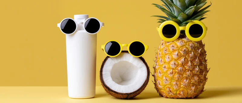 Pineapple, coconut, and sunscreen bottle wearing sunglasses arranged on yellow background