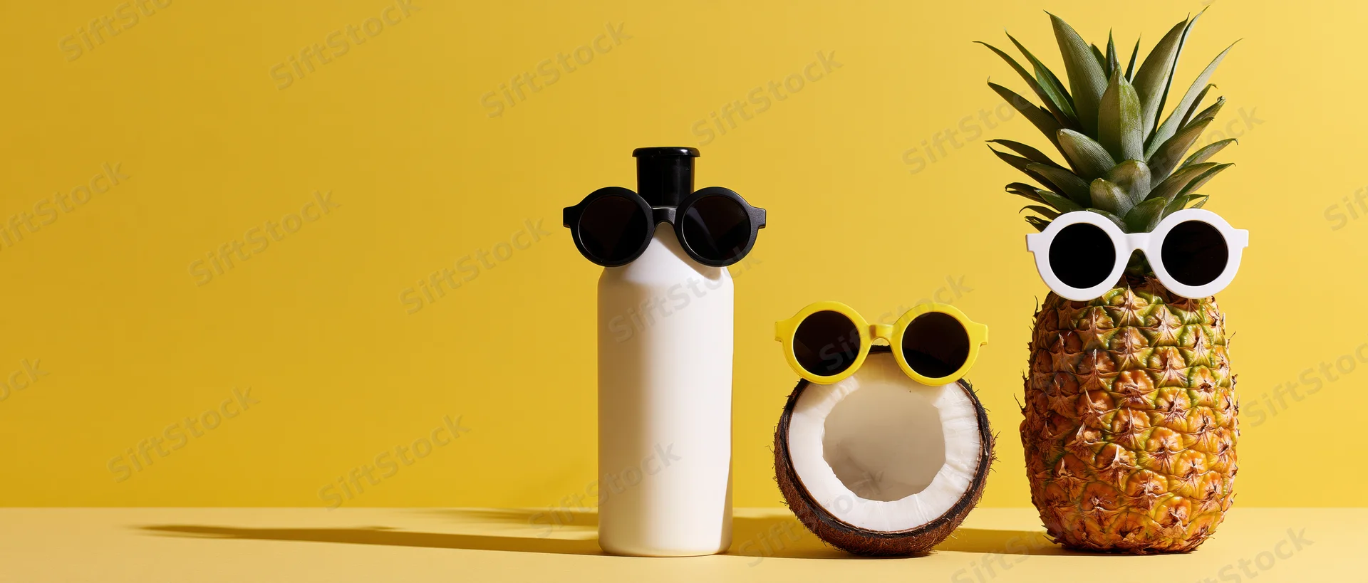 Pineapple and coconut with sunglasses beside a white sunscreen bottle on yellow background