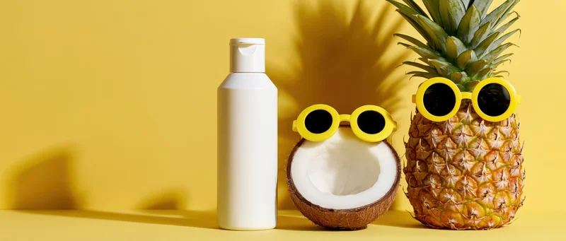 White sunscreen bottle beside halved coconut and whole pineapple wearing yellow sunglasses on yellow surface