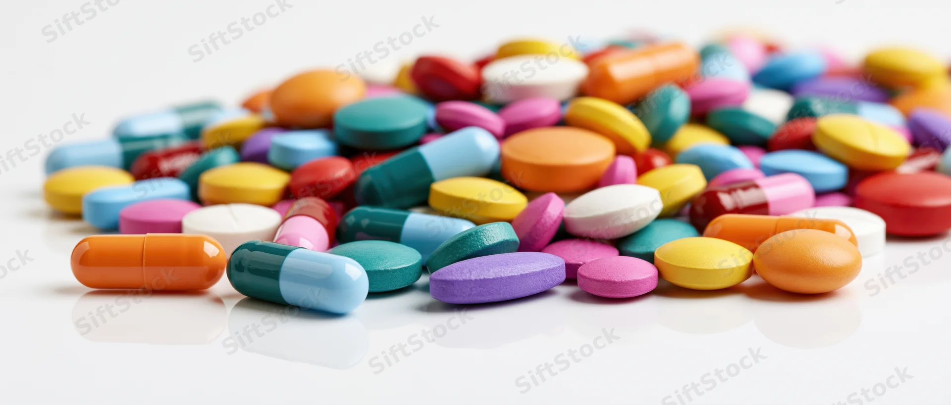 Scattered pile of colorful pharmaceutical pills and tablets on white surface