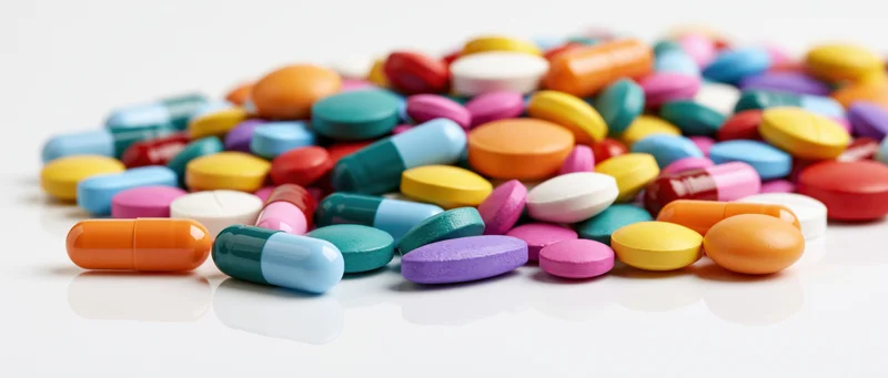 Scattered pile of colorful pharmaceutical pills and tablets on white surface