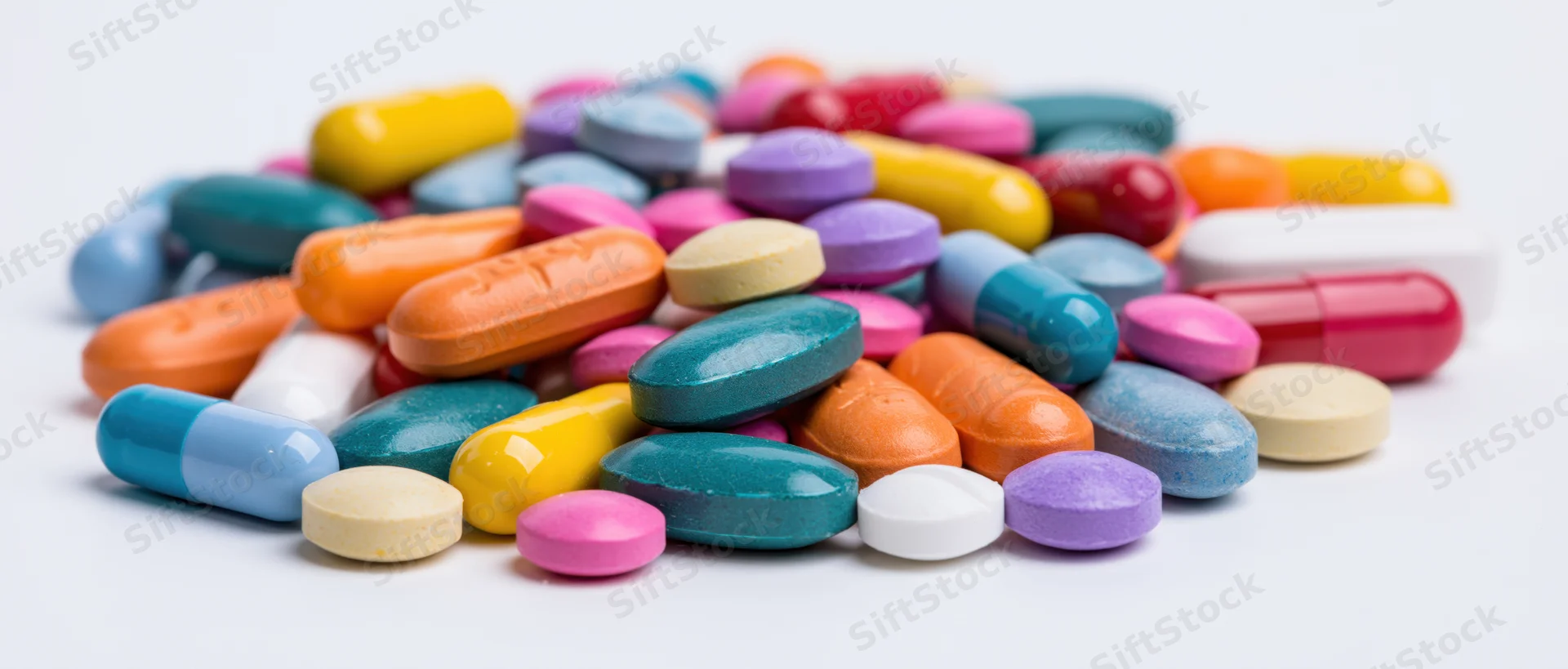 Scattered pile of colorful pharmaceutical pills and tablets on white surface