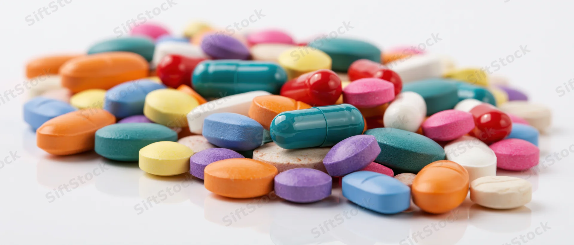 Scattered pile of colorful pharmaceutical pills and capsules on white reflective surface