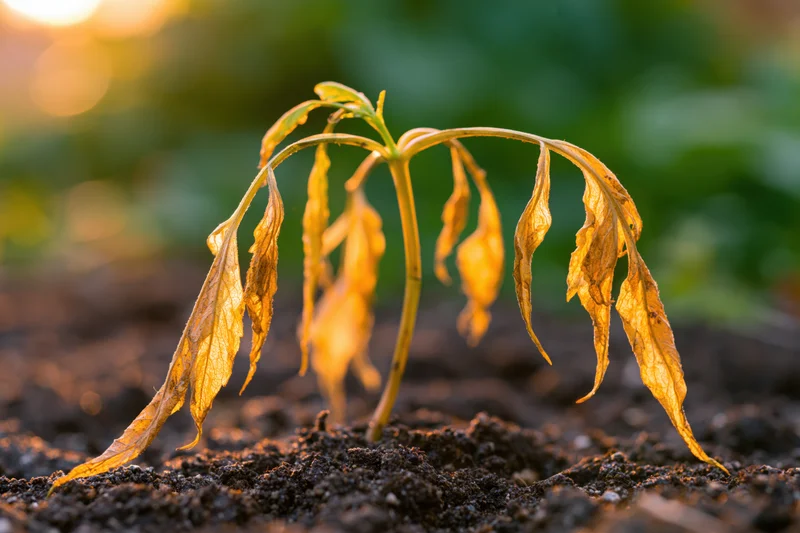 Wilted seedling with yellowed browning leaves in soil at sunset