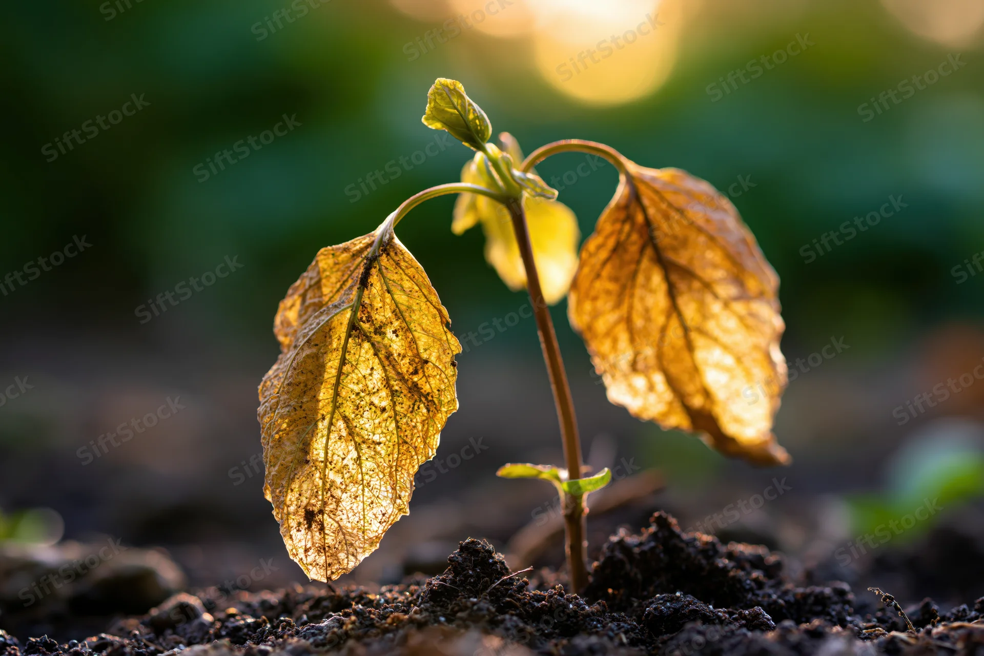 A dying seedling with yellowed and browning leaves growing in soil under sunlight