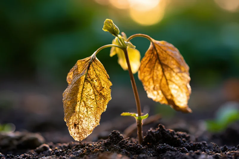 A dying seedling with yellowed and browning leaves growing in soil under sunlight