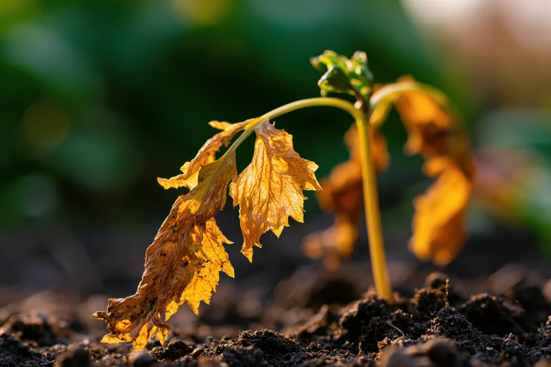 Wilted seedling with yellowed leaves growing in dark soil under sunlight