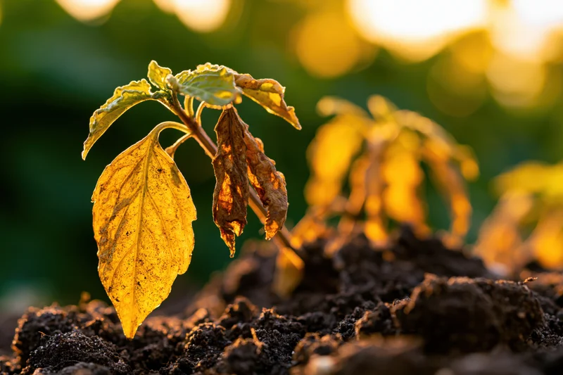 Dying seedling with yellowed and browning leaves emerging from dark soil in golden light