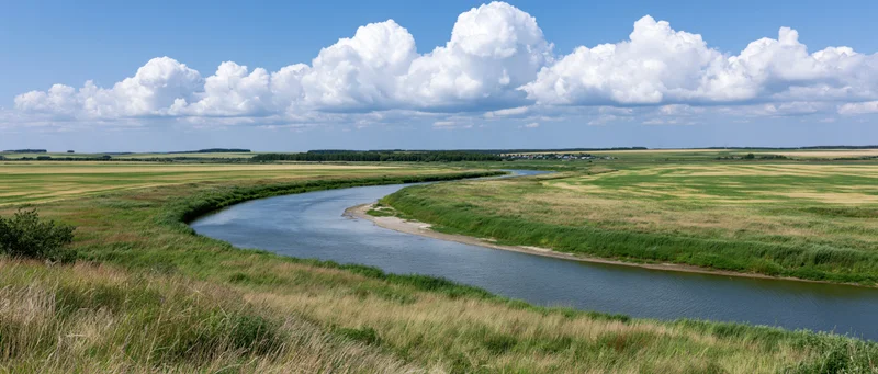 Winding river curving through open farmland under a blue sky with white clouds