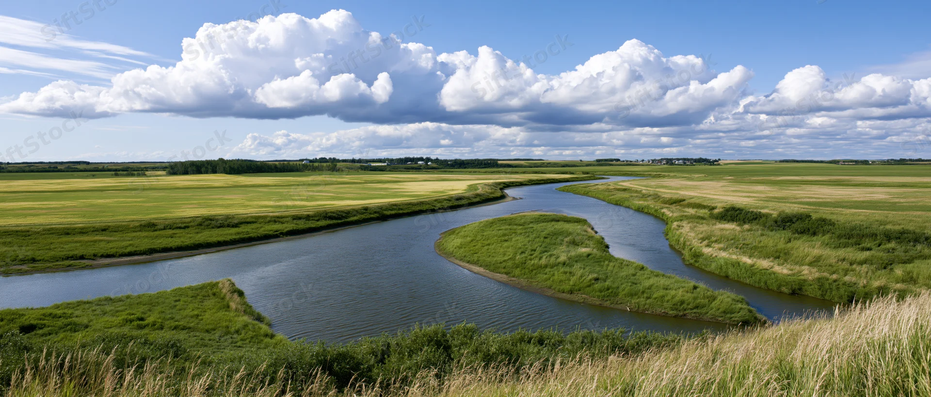 Winding river flowing through open farmland under a cloudy blue sky