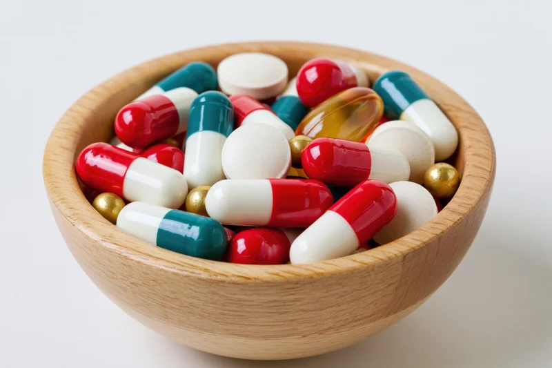 Wooden bowl filled with assorted colorful pills and capsules on white background