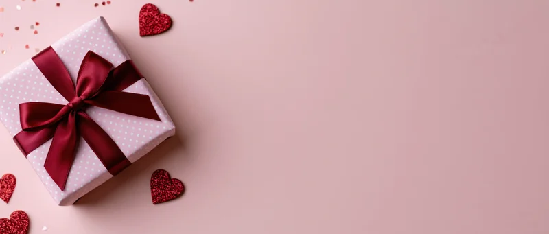 Wrapped gift box with red ribbon and glitter hearts on pink background