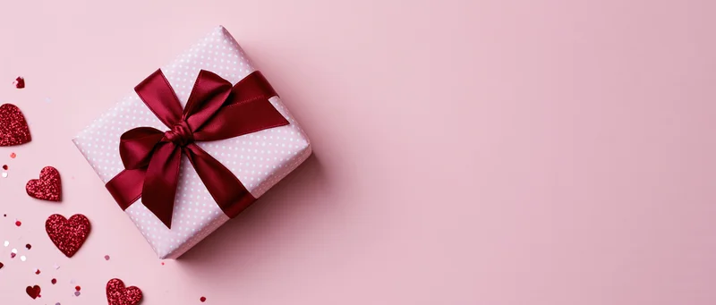 Wrapped gift box with red ribbon and glitter hearts on pink surface
