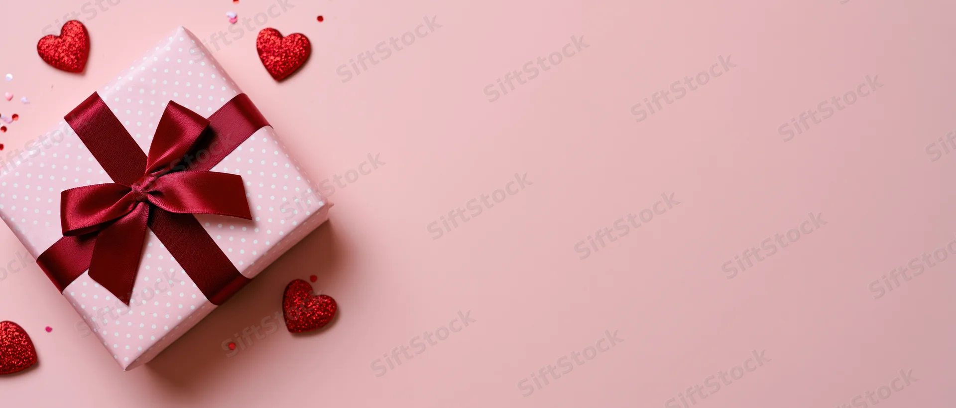 Wrapped gift box with red ribbon and glitter hearts on pink surface