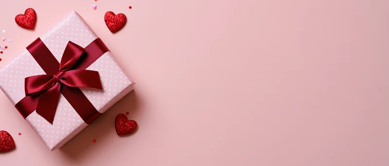 Wrapped gift box with red ribbon and glitter hearts on pink surface