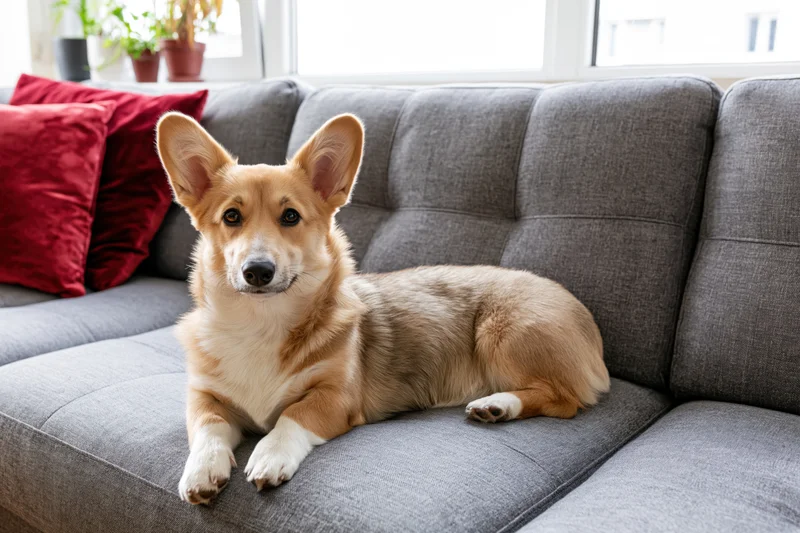 Pembroke welsh corgi lying relaxed on grey couch in living room with red pillows and houseplants near window