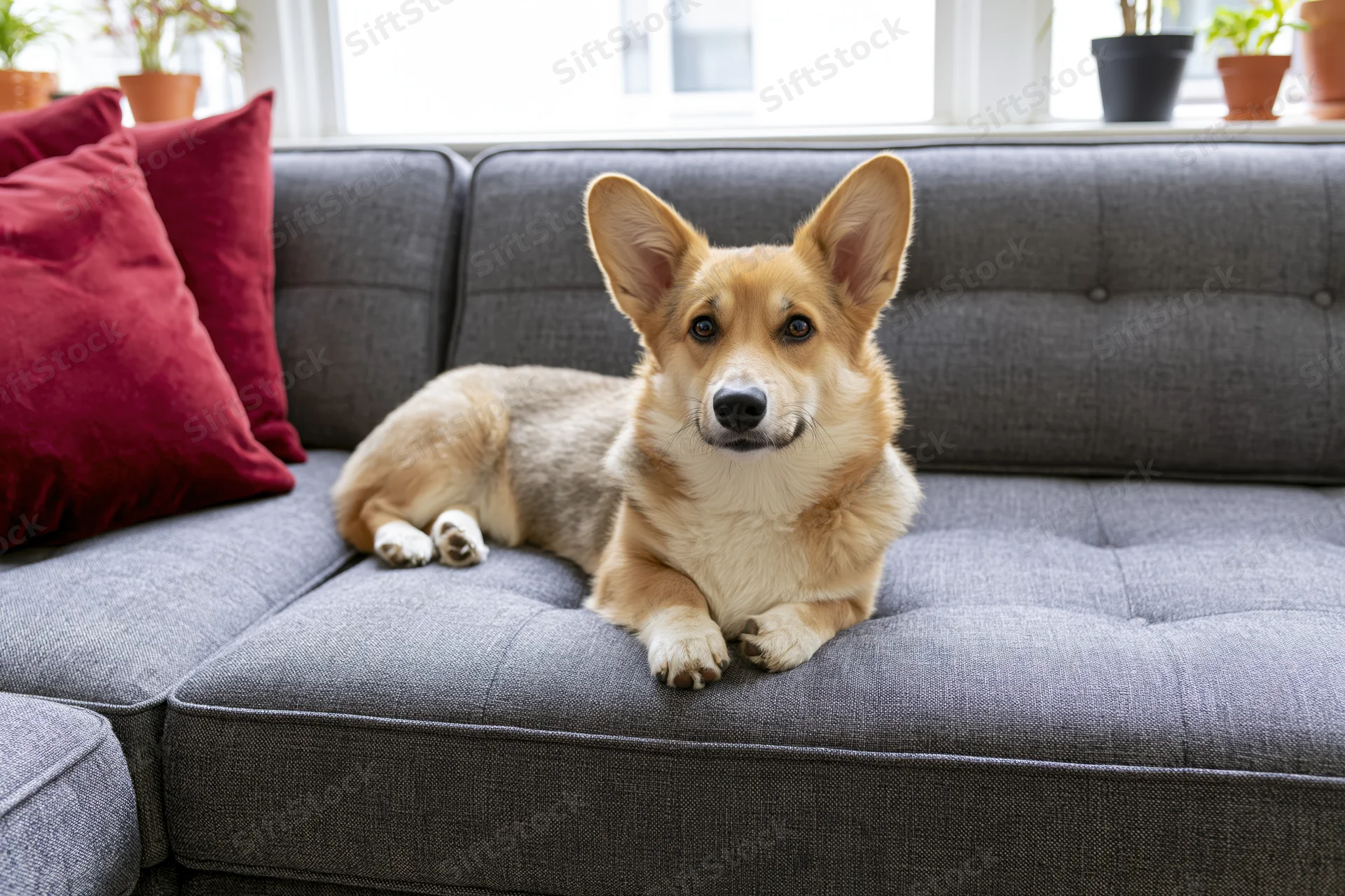Pembroke welsh corgi lying relaxed on grey fabric couch in living room with red cushions and potted plants by window