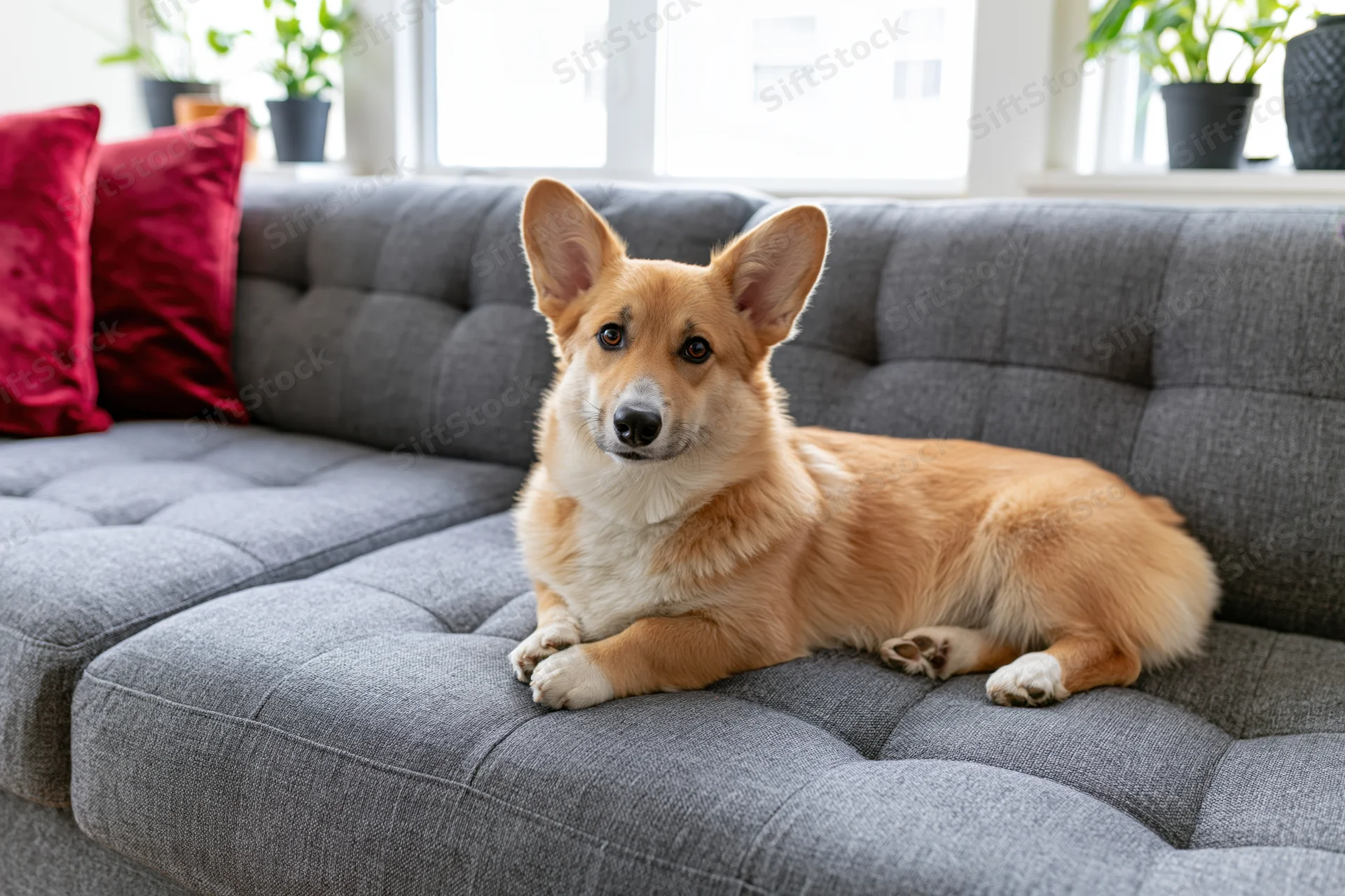 Pembroke welsh corgi lying relaxed on a grey tufted sofa in a sunlit living room with potted plants and red cushions