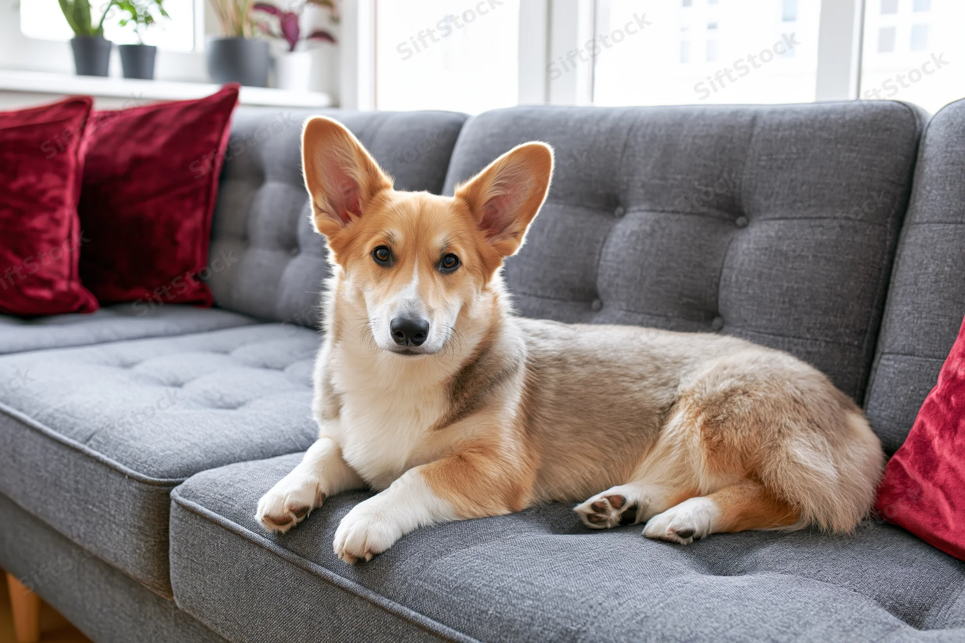 Pembroke welsh corgi lying relaxed on a grey tufted sofa with red velvet pillows in a living room