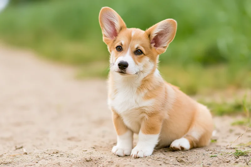 Young pembroke welsh corgi puppy sitting upright on dirt path outdoors