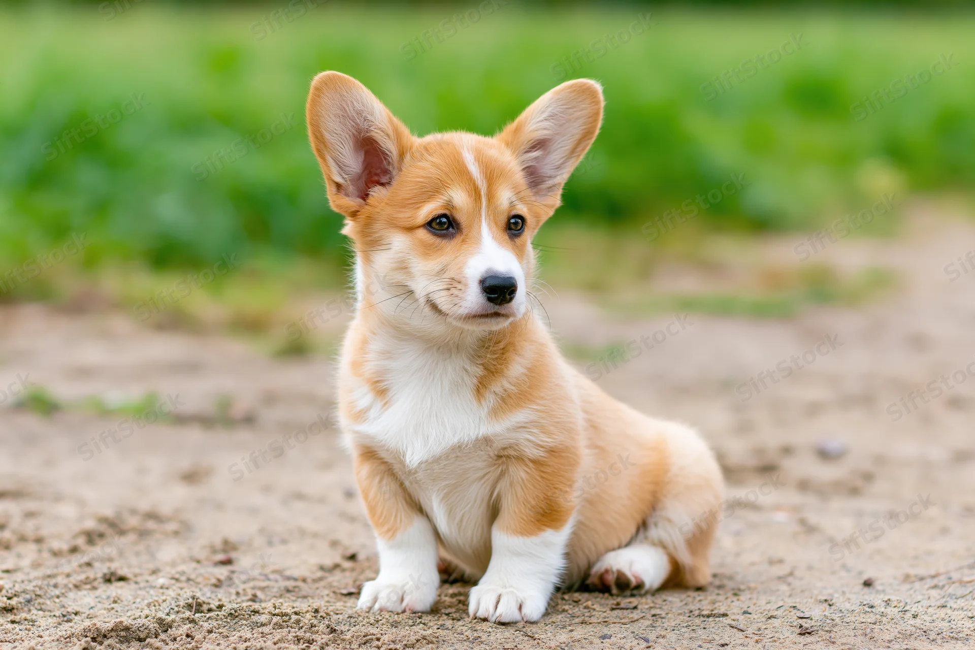 Pembroke welsh corgi puppy sitting upright on dirt ground outdoors