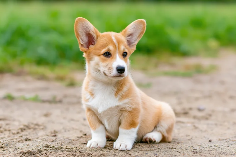 Pembroke welsh corgi puppy sitting upright on dirt ground outdoors