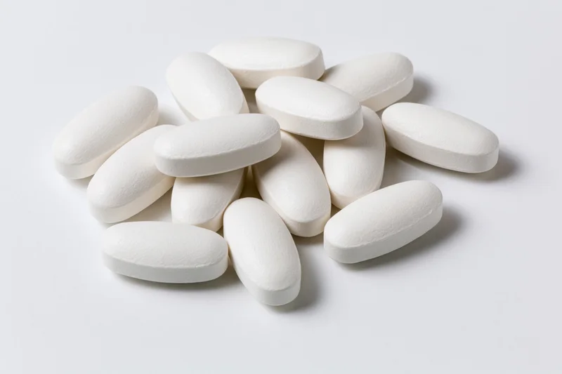 White oval coated tablets scattered on a plain white surface