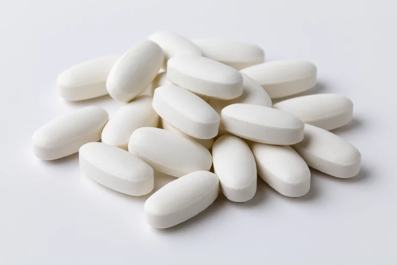 White oval coated tablets scattered on a plain white surface