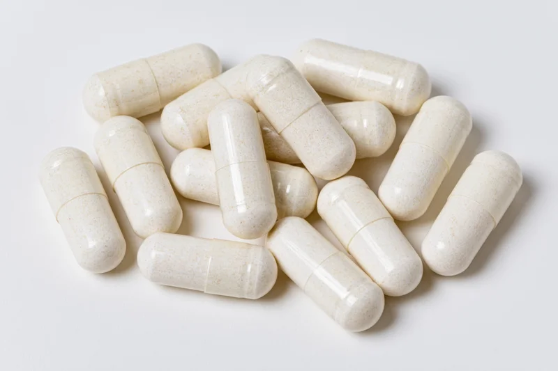 White gelatin supplement capsules scattered loosely on a plain white surface