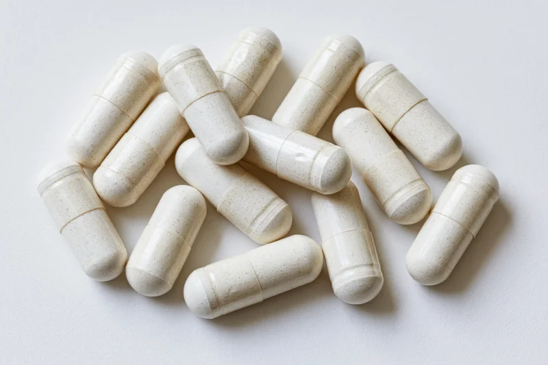 White gelatin supplement capsules scattered loosely on a plain white surface
