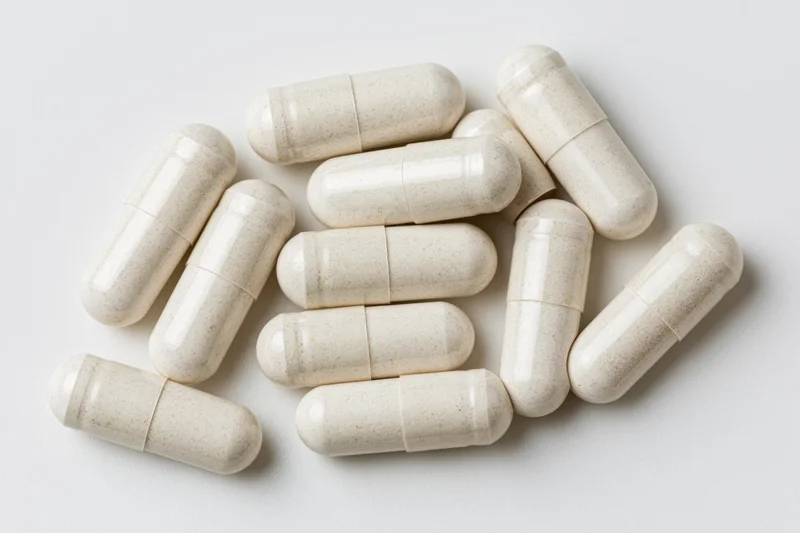 White gelatin supplement capsules scattered loosely on a plain white surface in a flat lay top view