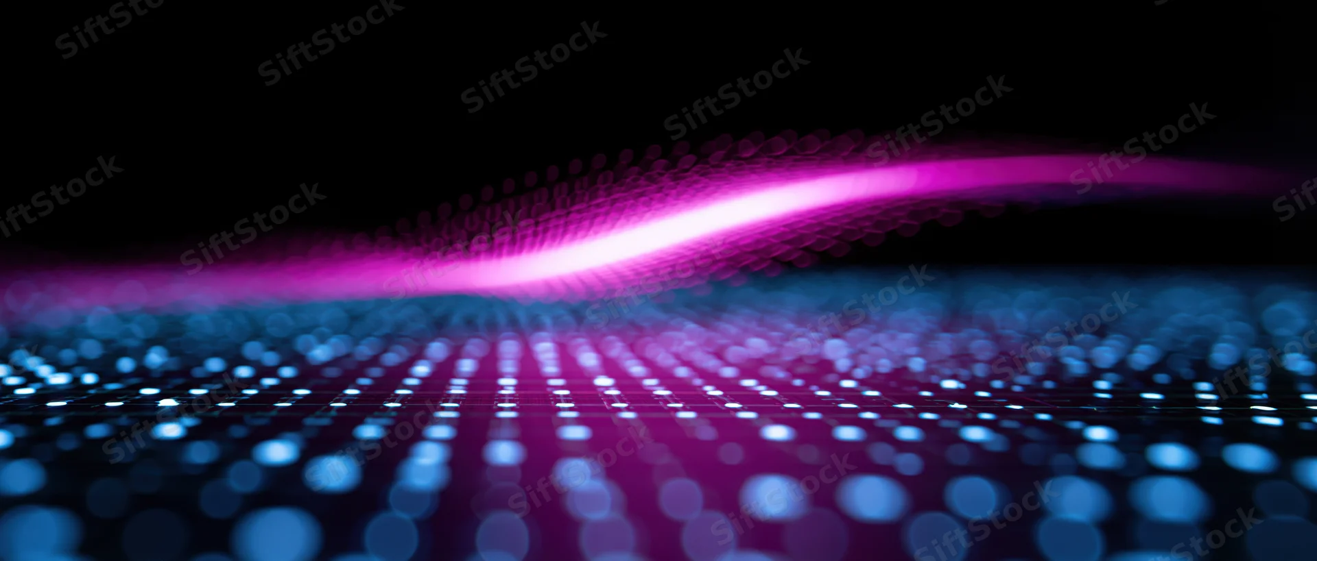 Glowing digital data wave over a grid of dots in dark space