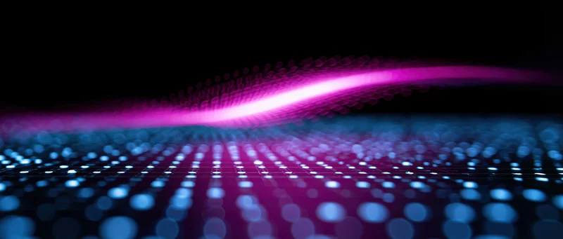 Glowing digital data wave over a grid of dots in dark space