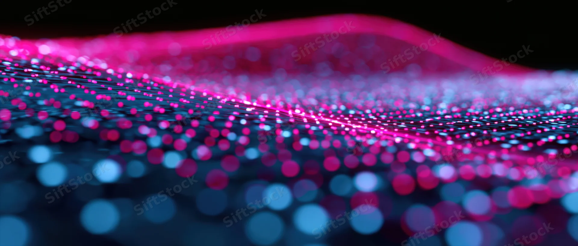Glowing pink and blue dots arranged in a wavy grid pattern against a dark background