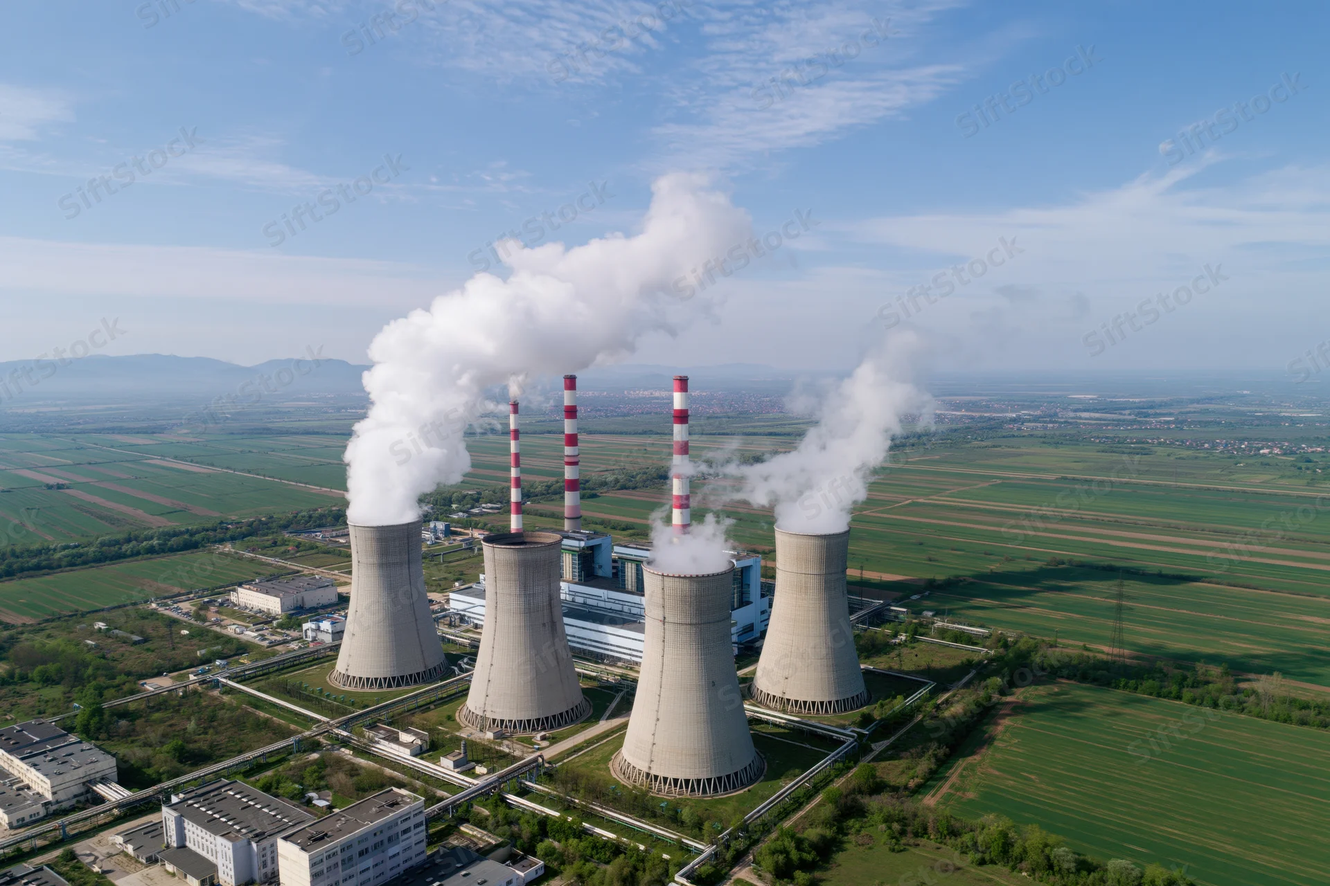 Aerial view of coal-fired power plant with cooling towers emitting steam over farmland
