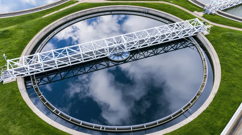 Aerial view of circular wastewater treatment tank with metal walkway and sky reflection