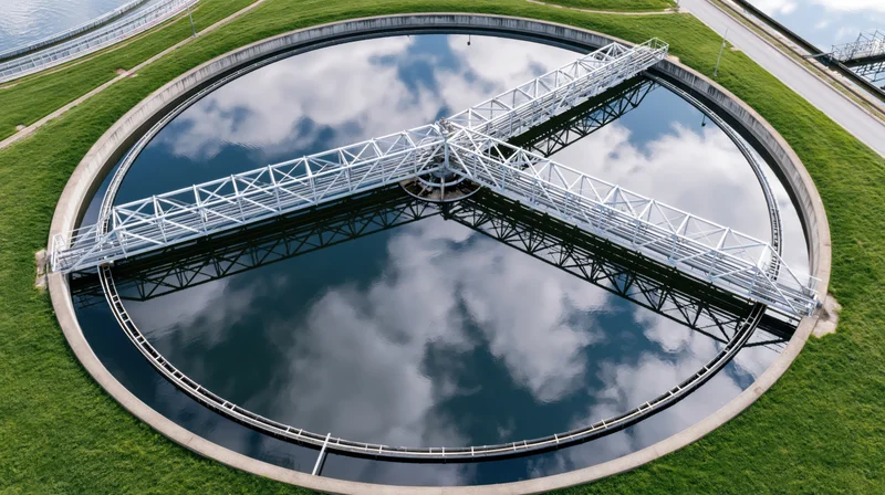 Aerial view of circular wastewater treatment clarifier tank with metal framework and sky reflection