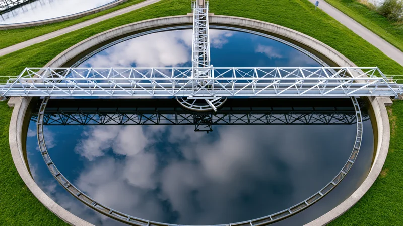 Aerial view of circular wastewater treatment tank with metal framework and sky reflection