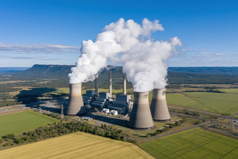 Aerial view of a coal-fired power plant with cooling towers emitting steam over farmland