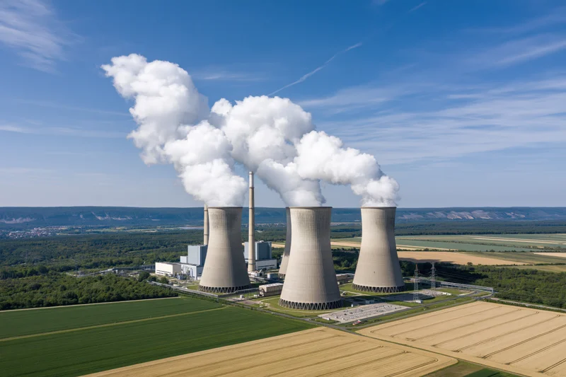 Aerial view of coal-fired power plant with cooling towers emitting steam over farmland