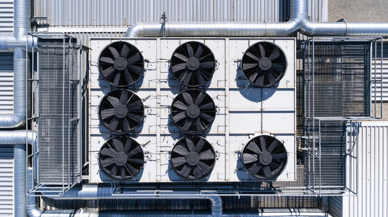 Aerial top-down view of industrial cooling fans and ductwork on a rooftop facility