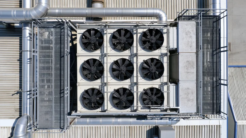 Aerial top-down view of industrial cooling system with fans and ductwork on factory rooftop